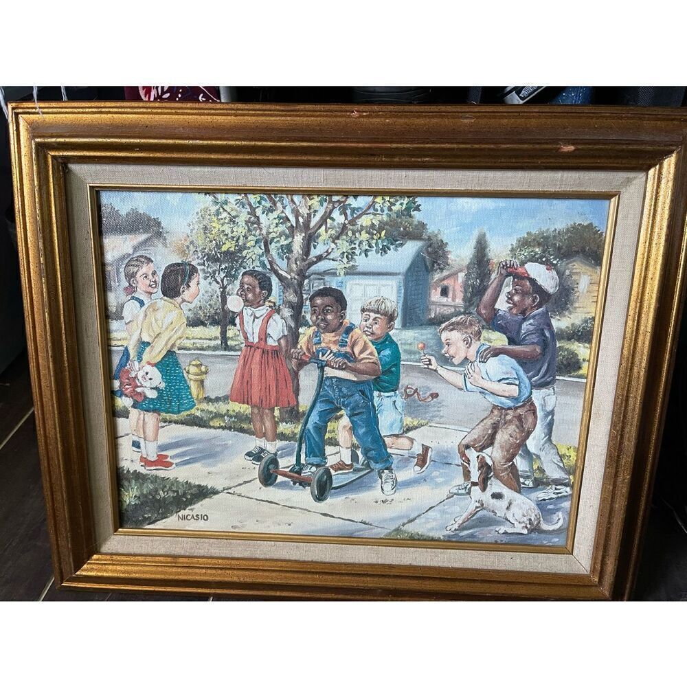 Nicasio painting on canvas. 1975.. signed black and white children playing.